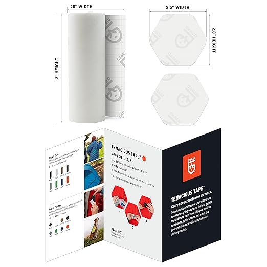 GEAR AID Tenacious Tape 3” x 20” Clear Vinyl Gear Repair Tape with (2) 1.5” Hex Patches, Fix Holes and Rips in Jackets, Rain Gear, Tents, Sleeping Bags and Outdoor Equipment, Clear