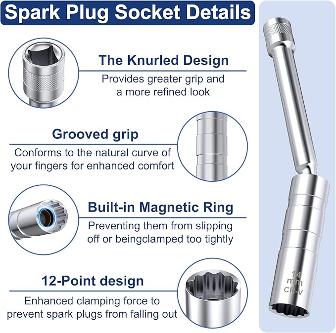 14mm Spark Plug Socket, Thin Wall 3/8" Drive Spark Plug Socket Removal Tool, 12 Point x 5.9" Total Length, 360 Degree Magnetic Swivel 9/16" Spark Plugs Socket for Most Car Models