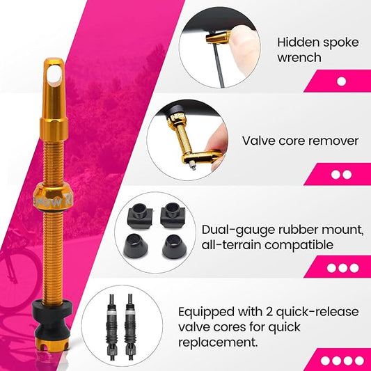 RideNow Tubeless Presta Valve Stems, 65mm Super Light 7075 Aluminum Alloy Presta Tubeless Valve Stem Kit with Valve Core Remover Tool and Valve Stem Caps, Multiple Color and Size Options(Pair), Gold