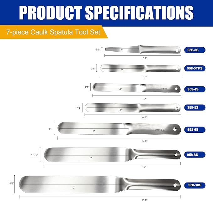 Caulking Spatula Set, 958-G01 7-Piece Stainless Steel Caulking Kit with Spatulas for Efficient,Widths from 3/8" to 1-1/2,Professional-Grade Caulk Finishing