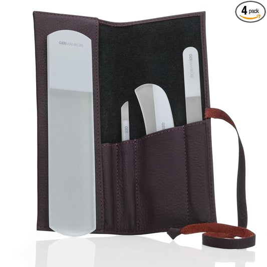 4pcs Manicure Set Genuine Czech Crystal Gray Glass Nail File Moon File Manicure Stick Pedicure Foot Care Bar in Purple Leather by GERmanikure