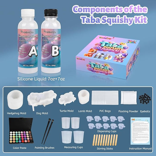 DIY Taba Squishy Kit - Make Your Own Squishies with Animal Molds and 1:1 AB Liquid Silicone Gel (14oz)