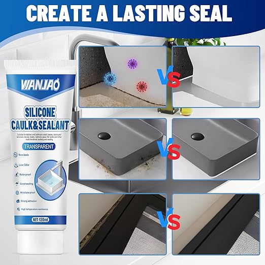 Bathtub Caulk, Clear Silicone Sealant Waterproof, Strong Adhesion High Efficiency Long-Lasting for Bathroom Glass Partitions Wash Basins Bathtubs Countertops, Transparent, 2 * 120ml