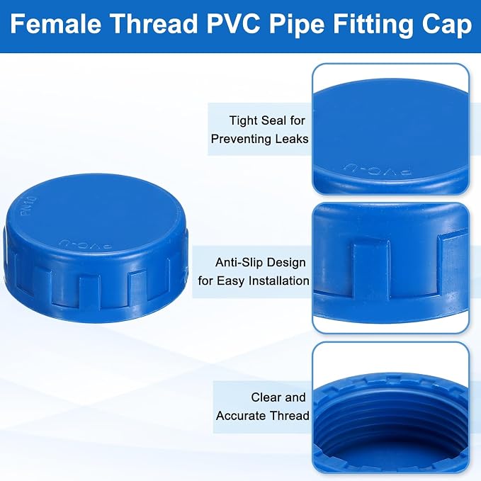uxcell 5Pcs 1-1/4 Inch PT Female Thread PVC Pipe Fitting Cap, Cleanout Water Drain End Caps, Pipe Plug Socket Fittings with Tape for Water Heater Supply Lines, Plumbing, Blue