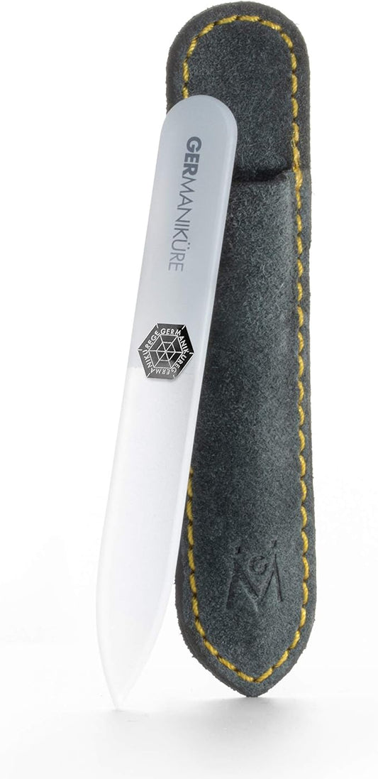 GERMANIKURE Czech Crystal Gray Glass Nail File in Suede Leather Case - Small Travel Design - Professional Manicure & Pedicure Products for Smooth Easy Shaping of Natural Nails