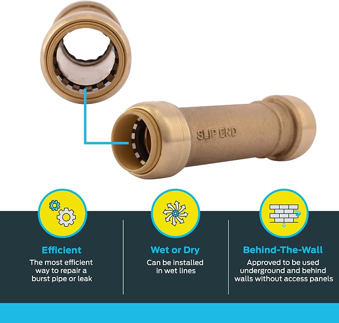SharkBite 3/4 Inch Slip Coupling, Pack of 3, Push to Connect Brass Plumbing Fitting, PEX Pipe, Copper, CPVC, PE-RT, HDPE, U3016LF