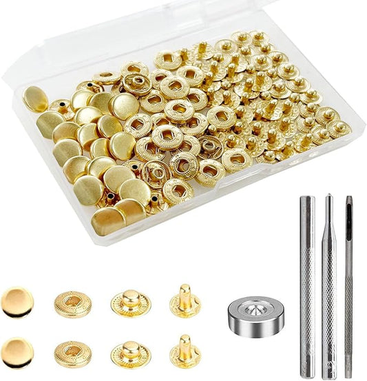 BetterJonny 24 Sets Heavy Duty Leather Snap Fasteners Kit, 10mm Metal Snap Buttons Press Studs Leather Rivets Snaps with 4 Setter Tools for Clothes Bracelet Jackets Jeans Gold