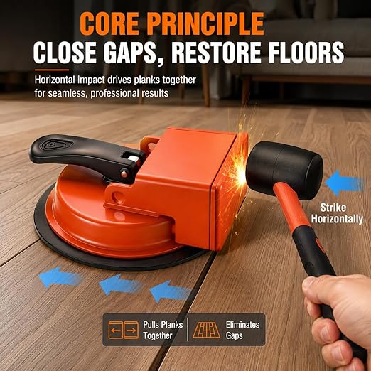 Floor Gap Fixer Tool for Laminate Floor, Vinyl Plank (LVP), Laminate, Hardwood & Tile Flooring，Vacuum Suction Cup & Rubber Anti-Slip Cushion Pad, Eliminate Unsightly Gaps Instantly (with Mallet)