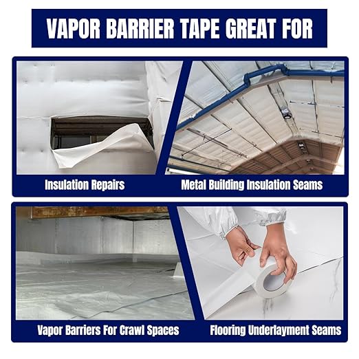Vapor Barrier Tape, 6" Wide x 180' Long 4Roll, Polyethylene Tape, for Moisture Barriers and Crawl Spaces, Waterproof Seal and Seam Tape for Underlayment, Insulation and Plastic Liners