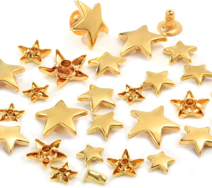 YORANYO 200 Set Mixed Size Leather Rivets Kit for Star Studs, Clothing, Fabric, Gold Color, Crafting, Repair & Decorate Jackets, Shoes, Bags, Belts, Purse