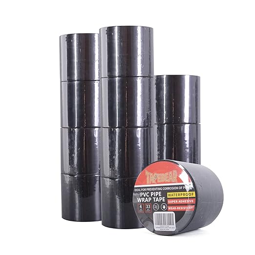 TAPEBEAR Corrosion Protection Pipe Tape, Wrap Pipe Tape for Drain Pipe, Metal Electrical Outdoor Underground Pipe, Waterproof PVC Black Tape, Duct Anti-Corrosion and Protection,4Inch X 33Yard,12rolls