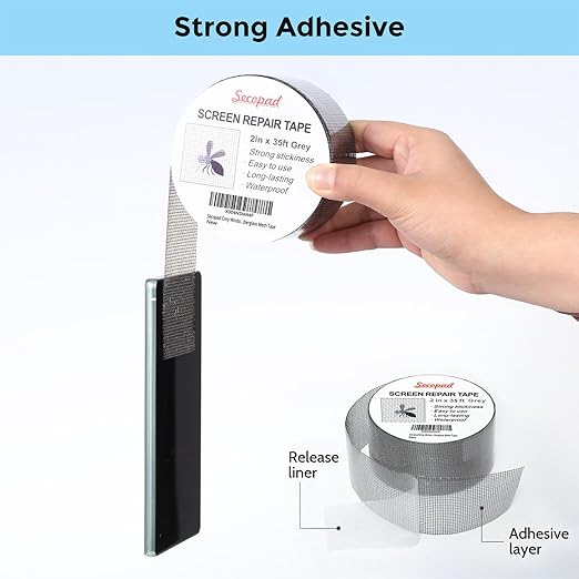 Secopad Grey Window Screen Repair Tape, 2IN X 35FT (420IN) Screen Repair Kit for Windows or Doors, Strong Adhesive Patch Kit Fiberglass Mesh Tape