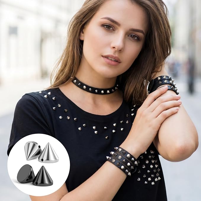 OIIKI 100 PCS 8mm ABS Bullet Spike Cone Studs, Black, Silver | Rivets Cone Spike Studs Beads, Flat Back Punk Spikes DIY Crafts Studs Glue on Decoration for Leather Clothes Belt Bags