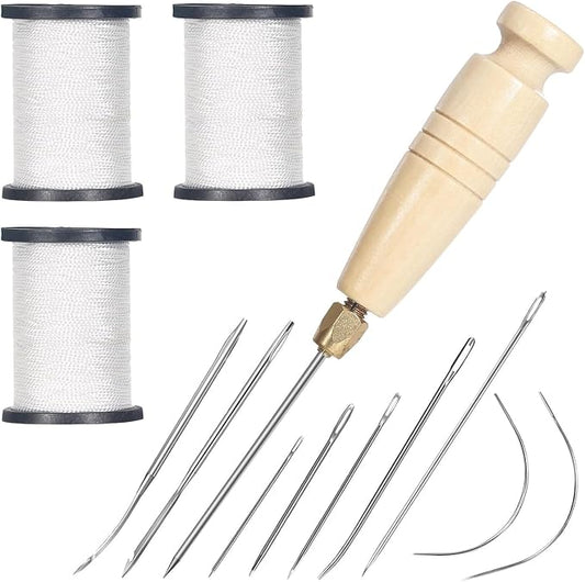 3-Spool Nylon Thread Kit - Each 80 Yards, Includes Sewing Awls & Needles for Hand Sewing, Upholstery & Leather Repair, White