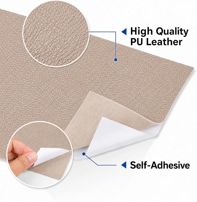2PCS 8×4 Inch PU Leather Patch for Car Seat Repair, Self-Adhesive Leather Repair Patch Tape for Vinyl Leather Upholstery, Car Seat Furniture Repair Kit (Khaki)
