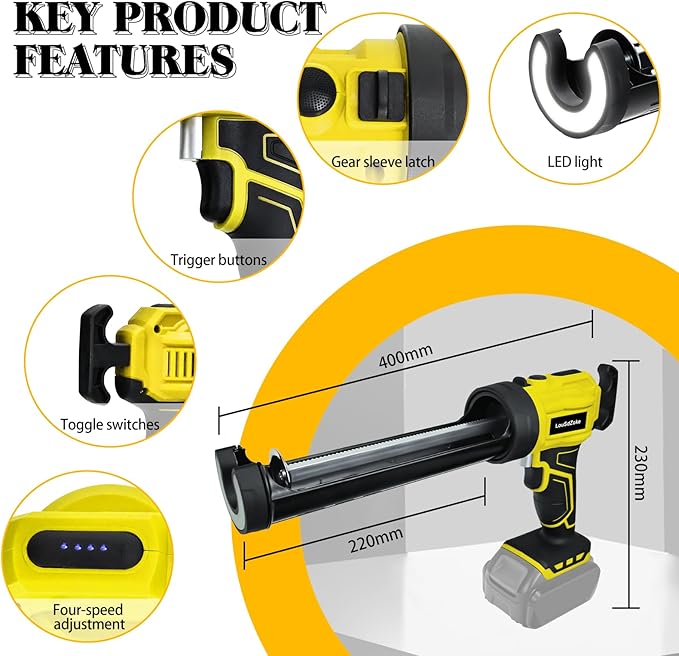 Cordless Caulking Gun Compatible for DeWalt 20V Max Battery, 10 Oz/300ml Electric Silicone Gun,with LED Light,4 Adjustable Speed for Filling, Sealing, Repair（No Battery）