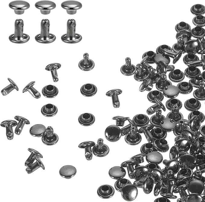 HARFINGTON 100 Sets Double Cap Leather Rivets, 6x6mm Round Cap Tubular Metal Studs Leather Crafting Rivets for Fabric Belt Pet Collar Boot Bag Repair and Decoration, Gunmetal