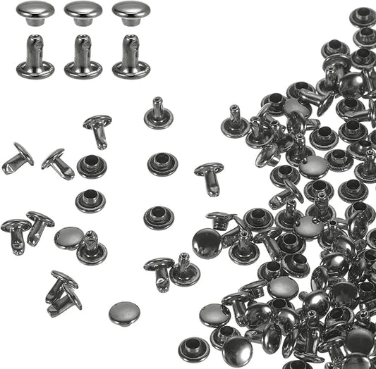 HARFINGTON 100 Sets Double Cap Leather Rivets, 6x6mm Round Cap Tubular Metal Studs Leather Crafting Rivets for Fabric Belt Pet Collar Boot Bag Repair and Decoration, Gunmetal