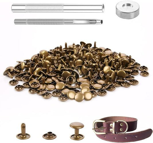 100 Sets Leather Rivets 8x8mm Double Cap Rivets Snaps Metal Studs Fasteners with 3pcs Setting Tools for Leather Craft DIY Repair Decoration, Bronze