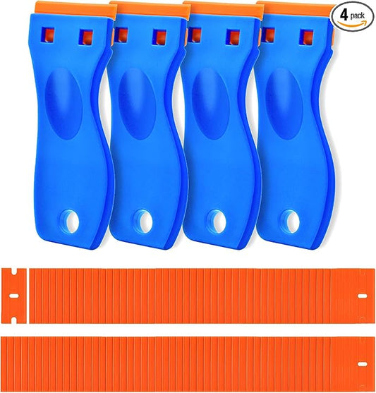 4 Pcs Plastic Razor Blade Scraper and 120 Pcs Blades, Remove Label Decal Tool,Forwithout Scratches Plastic Razor Blade Scraper, Adhesive Remover for Kitchen Appliances,Stickers and Paints on Window