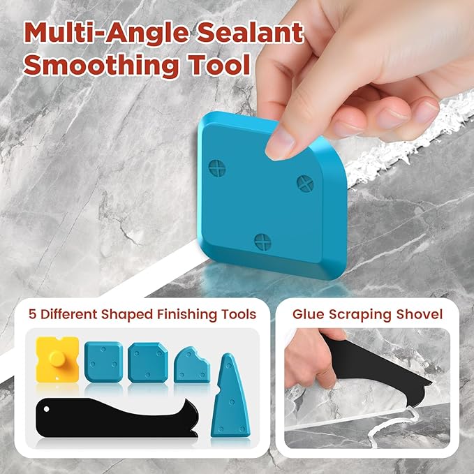 6 in 1 Silicone Caulking Tool Kit with Caulk Grout Remover Tool Sealant Finishing & Smoothing Tool, Grout Scraper, 6 Reusable Pads and Adhesive Residue Scraper for Kitchen Bathroom Tile Sink (Red)