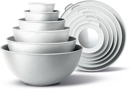 COOK WITH COLOR Mixing Bowls with TPR Lids - 12 Piece Plastic Nesting Bowls Set includes 6 Prep Bowls and 6 Lids, Microwave Safe Mixing Bowl Set (Speckled White)