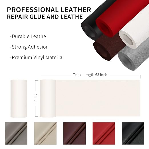 DOCAS Leather Repair Patch Tape Self Adhesive 4x63 inch, Cuttable Leather Repair Tape for Furniture, Vinyl Repair Kit for Car Seats, Upholstery, Couch, Sofa, Bags, Books, Chair, Ivory