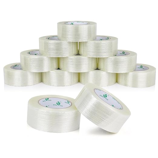 BOMEI PACK 12PACK Reinforced Packing Tape, 5.5Mil 2Inx 55Yds, Heavy Duty Filament Strapping Tape 2inch for Packing Shipping, Moving and Storage, Total 660yds