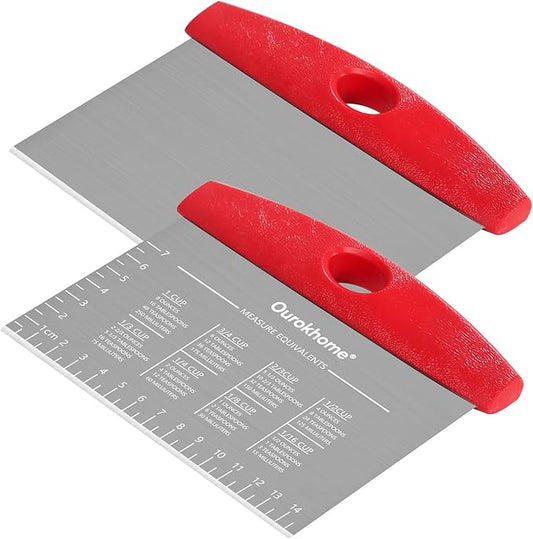 Ourokhome 2 Pack Bench Scraper Dough Cutter, Stainless Steel Dough Scraper with Laser-Etched Scale, Conversion Chart, Non-Slip Handle, Dishwasher Safe for Bread & Pastry, Red
