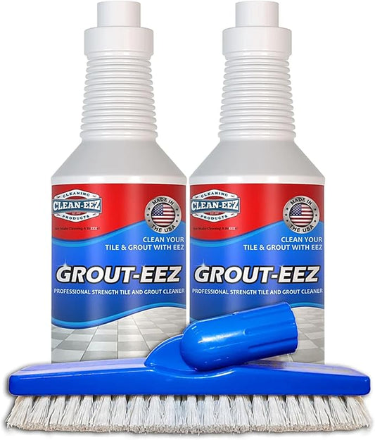 Clean-eez Grout Cleaner 2 Pack with Stand-Up Brush Attachment - Stain Remover Heavy-Duty Scrubber - Bathroom Shower Ceramic Porcelain Tile & Grout Only - Easy Control Flip Top Cap - 32 oz.