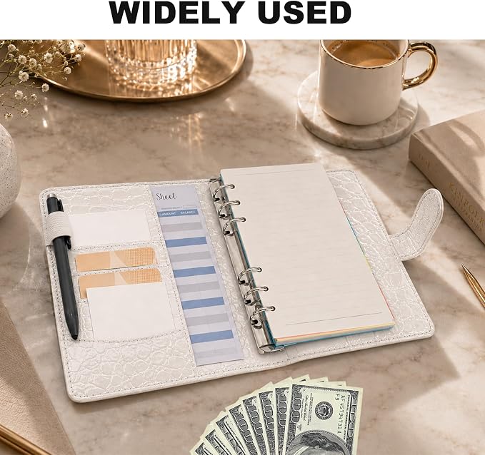Convend A6/A5 Refillable 6 Ring Faux Leather Budget Binder,Mini Notebook Binder Cover for A5 Filler Paper,Loose Leaf Personal Planner Cover with Magnetic Buckle Closure(Crocodile-White)