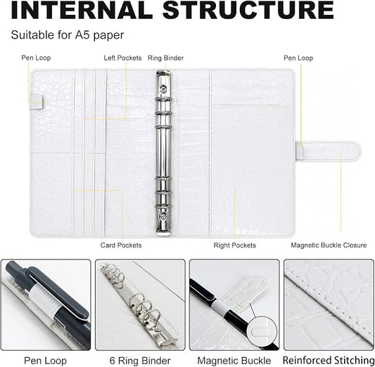 Convend A5/A6 Refillable 6 Ring Binder Cover, Crocodile-Textured PU Leather Notebook Binder with Hidden Snap Closure, Planner Organizer, (White)