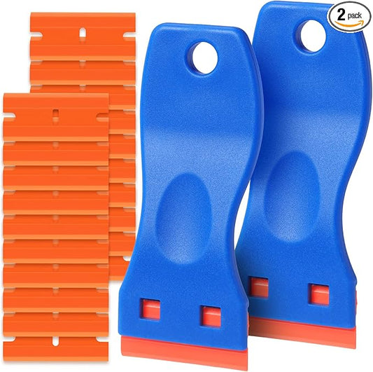 Plastic Razor Blade Scraper Tool, 2 Pcs Razor Scraper with 20 Pcs Plastic Blades, Cleaning Scraper Remover for Removal Floor Stove Scraping Labels and Decals Sticker on Car Window Glass