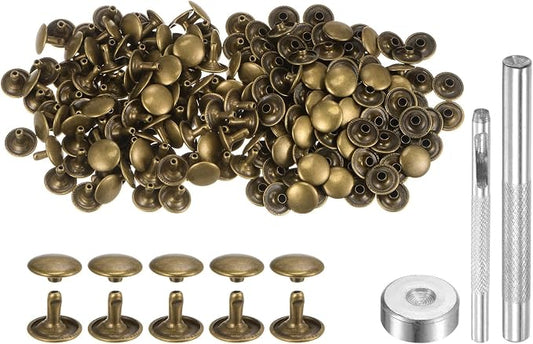 HARFINGTON 100 Sets Leather Rivets 10 x 12mm Metal Double Cap Rivet Snaps Studs Fasteners with 3pcs Setting Tools for Leather Craft DIY Repair Decoration, Bronze