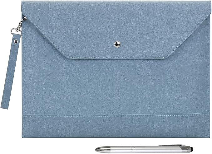 Wonderpool Envelope Case A4 PU Leather File Jacket Pocket Folder Document Case Bag with Removable Hand Strap and 4 Pocket for Documents Tablet Phone Stationery (Sky Blue)