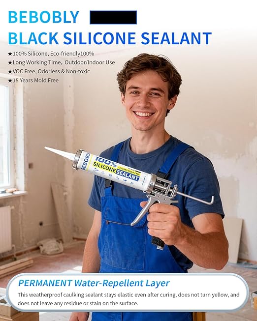 Black Silicone Caulk & Sealant, 100% Waterproof Silicone Caulking, Silicone Sealant Caulking for Kitchen, Bathroom, RV, Interior & Exterior Use, Shrink & Crack Proof, 10.2 FL. OZ/300ML, 1 Pack