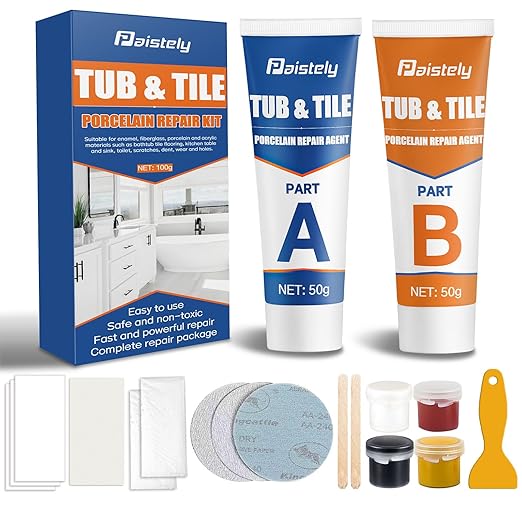 Porcelain Repair Kit, Waterproof Fiberglass Tub Repair Kits, Strong Tile Repair Kit, Non-Toxic Ceramic Tile Repair Kits Suitable for Granite, Marble, Quartz, Ceramics, Porcelain, Resin, etc (50g+50g)