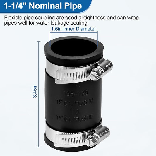 Flexible Coupling Pipe Fittings for 1-1/4" PVC Pipe or 3.925 Inch Circumference Copper Plumbing Connections, with Adjustable Stainless Steel Water Pipe Coupling Clamps Seal Installation