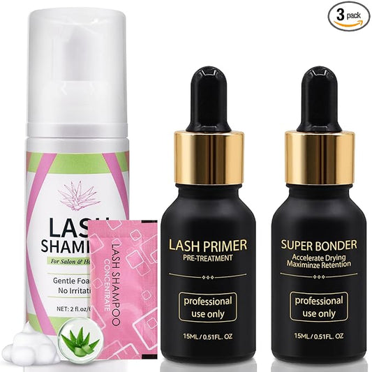 Lash Bonder Primer and Shampoo Kit for Eyelash Extensions, Glue Accelerator Lash Sealant, Pre-treatment Primer Protein Oil Cleanse Remover, Makeup Tools for Professional Use (15ml+15ml+60ml)