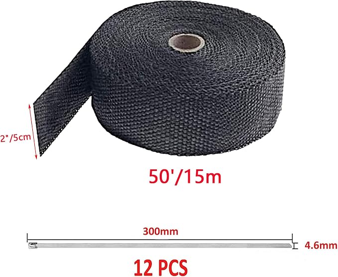 Deecam Exhaust Wrap, Black Exhaust Header Heat Wrap, 2'' x 50' Motorcycle High Temp Heat Shield Tape Roll for Exhaust Pipes with 12 Stainless Steel Ties