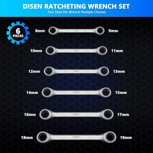 DISEN Double Box End Ratcheting Wrench Set Metric 6-Piece, 8mm-19mm, 72-Tooth Ratchet Wrench Box End with Rolling Pouch, Chrome Vanadium Steel