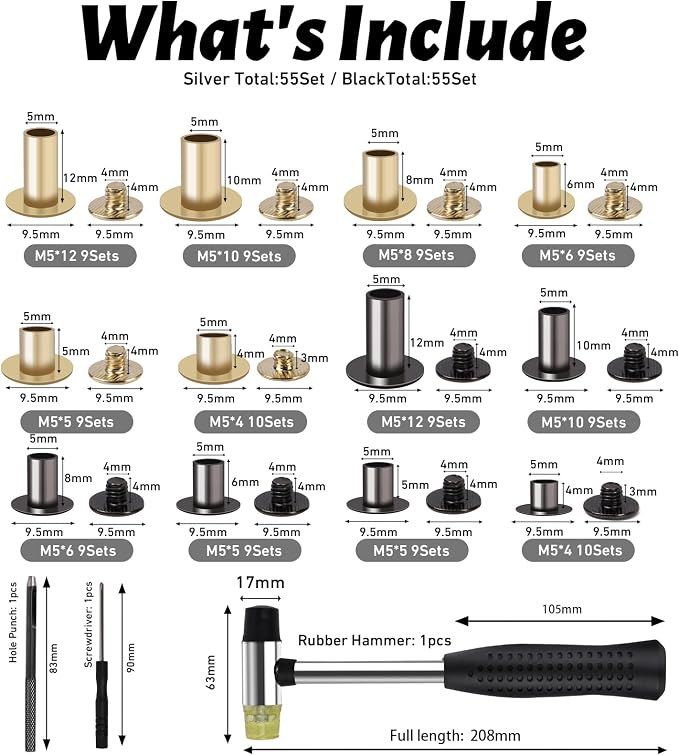 110 Sets Chicago Screws Leather Rivets Kit, 6 Sizes (M5*4,5,6,8,10,12) Assorted Binding Screws with Rubber Hammer & Full Installation Tools for On-the-Go Leather Craft, Bookbinding (Black & Gold)