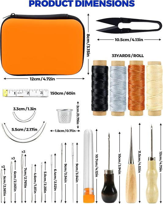 PLANTIONAL Leather Repair Sewing Kit: 31pcs Leather Working Tools with Pro Waxed Thread, Large Eye Hand Sewing Needles, 3 Versatile Awl, Heavy Duty Sewing Kit for Car, Upholstery, Vinyl, Canvas 02