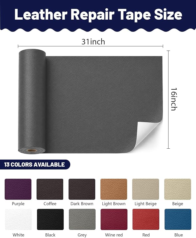 BOUYEER Leather Repair Patch Tape Kit,Self Adhesive Leather Repair for Sofa，Car Seat,Office Chair,Furniture,Jacket,Waterproof Strong Adhesive Vinyl Repair Kit. 16 in x 31 in,Dark Grey
