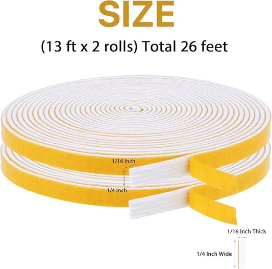 Door Weather Stripping-2 Rolls, 1/4 Inch Wide X 1/16 Inch Thick Total 26 Feet Long, Adhesive Soundproof Foam Seal Tape for Windows and Doors(13ft x 2 Rolls)