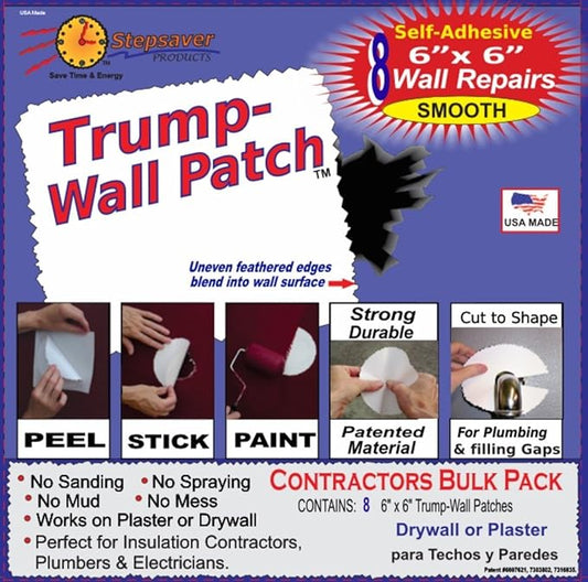 Stepsaver Products USA Made Self-Adhesive Trump Wall Repair Patch Kit Smooth (1) Pack with 8 Repair Patches for Door Knob Sized Holes and 8 Center Reinforcement Patches.