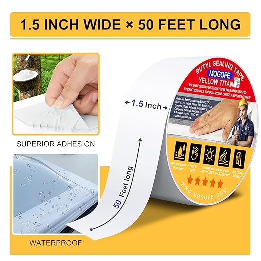 RV Roof Sealant Tape White, 1.5 Inch x 50 Feet RV Repair Roof Sealer Seal Tape UV-Resistant Waterproof Sealant Tape for RV Repair, Camper, Trailer, Boat Sealing, Leaking Roof, Window