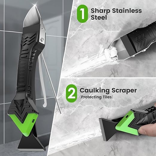 5 in 1 Silicone Caulk Remover Tool with 6 Replaceable Silicone Pads, Grout Scraper, Caulk Nozzles & Cleaning Tools, Reusable Sealant Finishing Tool for Kitchen Bathroom Window Tile Sink Seam Repair