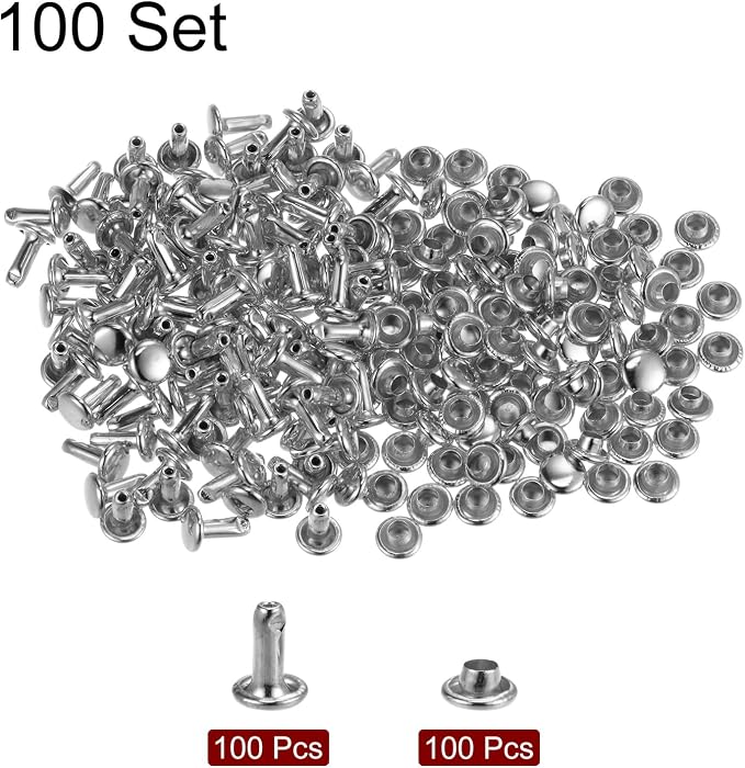 HARFINGTON 100 Sets Leather Rivets 8 x 6mm Metal Double Cap Rivet Snaps Studs Fasteners with 3pcs Setting Tools Rivets for Leather Craft DIY Repair Decoration, Silver Tone