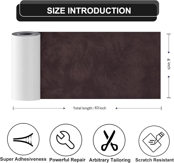 YAFLC Leather Repair Patch for Furniture, 4" x 63" Self Adhesive Leather Repair Kit Vinyl Repair Tape for Car Seat Sofa Jackets Couches Chair Retro Darkbrown